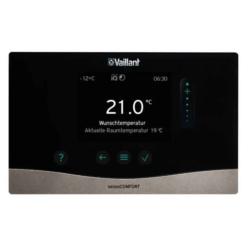 Vaillant Thermostat mit digitalem Display, angezeigt Wunsch- und Ist-Temperatur, Bedienelemente unten, schwarzer Hintergrund, kompaktes Design.